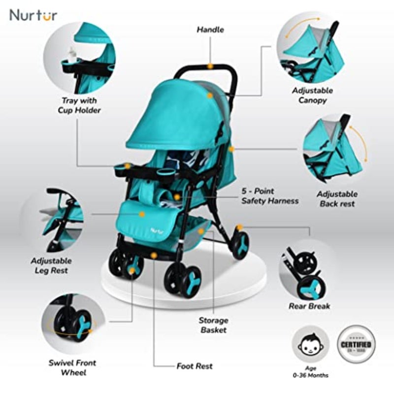 Baby travel stroller for 0-36 months: ultra compact, lightweight, teal printed fabric, includes storage basket, detachable food tray, reclining seat, leg rest - Image 2