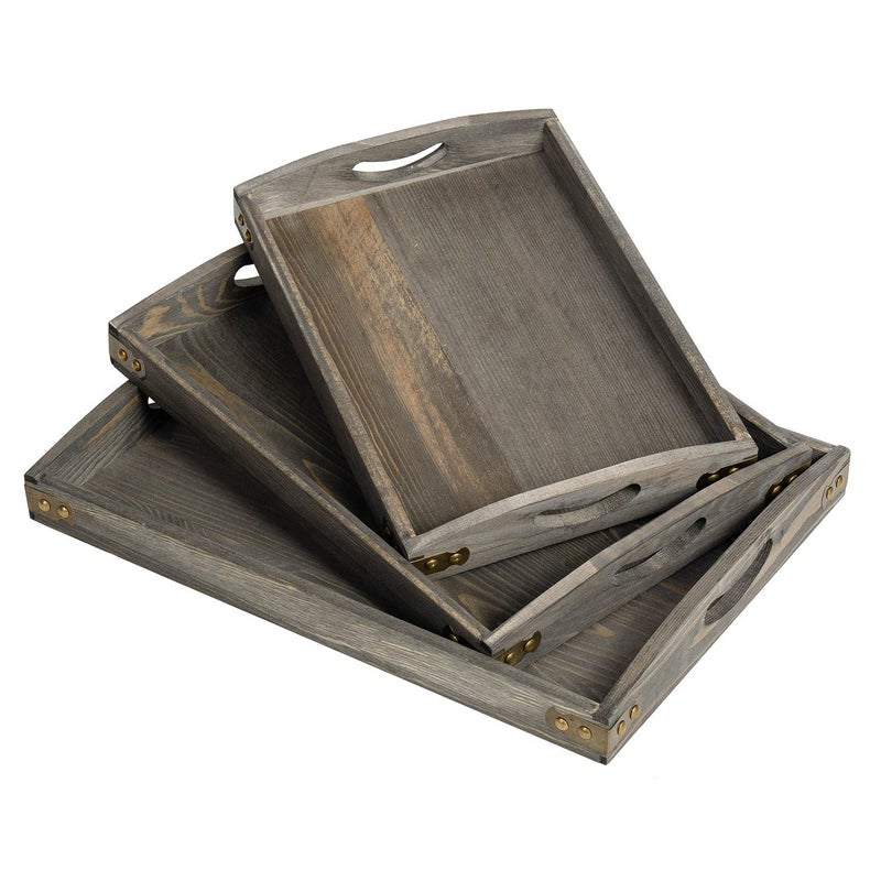 VERGOODR Country Farmhouse Rustic Wood Nesting Dinning Breakfast Serving Trays with Wood Handles Set of 3Can Put Food Fruit PlatesOttoman Decorative Coffee Table Tray Rock Grey