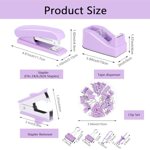 suniya Office Supplies,Desk Accessories,Tape Holder,Stapler,Scissor,Staple Remover,Box of Binder Clips,Staples,Ballpoint Pen,Lndex Tabs,Clear Tape,Office Supplies Set(Purple) - Image 5