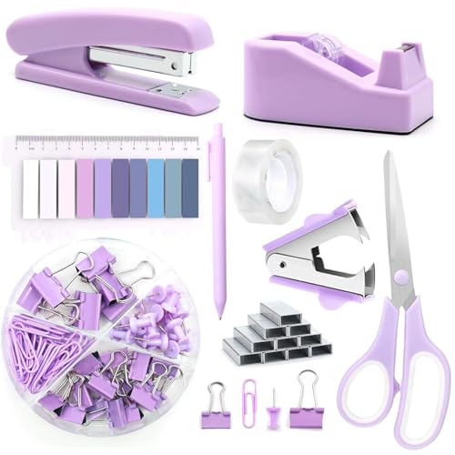 suniya Office Supplies,Desk Accessories,Tape Holder,Stapler,Scissor,Staple Remover,Box of Binder Clips,Staples,Ballpoint Pen,Lndex Tabs,Clear Tape,Office Supplies Set(Purple) - Image 1