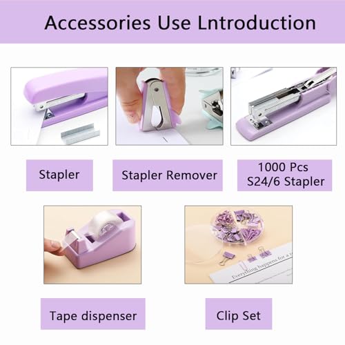 suniya Office Supplies,Desk Accessories,Tape Holder,Stapler,Scissor,Staple Remover,Box of Binder Clips,Staples,Ballpoint Pen,Lndex Tabs,Clear Tape,Office Supplies Set(Purple) - Image 2