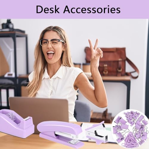 suniya Office Supplies,Desk Accessories,Tape Holder,Stapler,Scissor,Staple Remover,Box of Binder Clips,Staples,Ballpoint Pen,Lndex Tabs,Clear Tape,Office Supplies Set(Purple) - Image 4