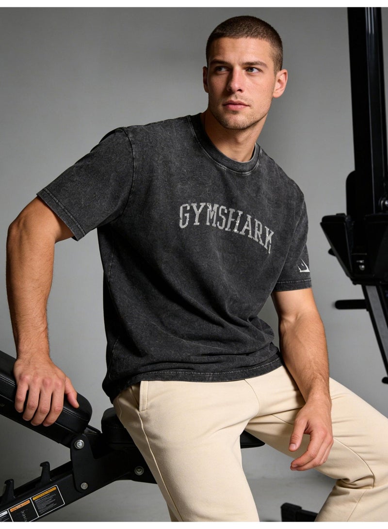 جيمشارك Gymshark فضفاضة عارضة تي شيرت الرجعية غسلت القطن نسيج ناعم الرياضة الجوكر الرجال والنساء مع نفس الفقرة. - Image 1