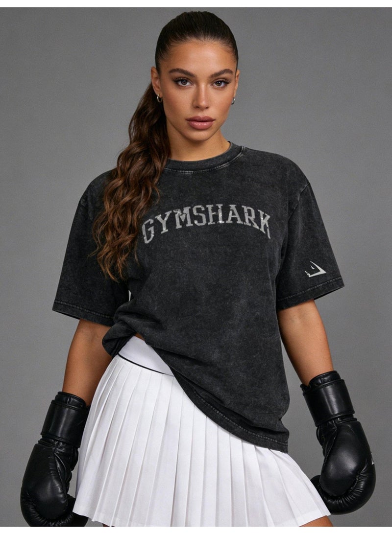جيمشارك Gymshark فضفاضة عارضة تي شيرت الرجعية غسلت القطن نسيج ناعم الرياضة الجوكر الرجال والنساء مع نفس الفقرة. - Image 4