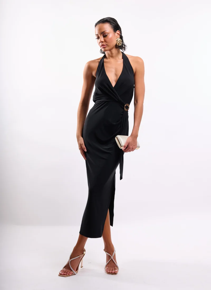 TWIST DETAIL HALTER MIDI IN BLACK