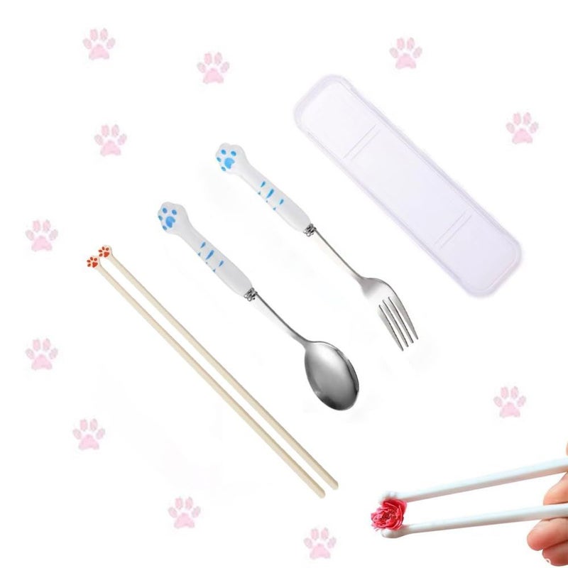 Cute Pink Paw Print Cat Claw Chopsticks Set With Soup Spoon Fork And Storage Box Four Piece Dining Utensils Kit Blue - Image 2