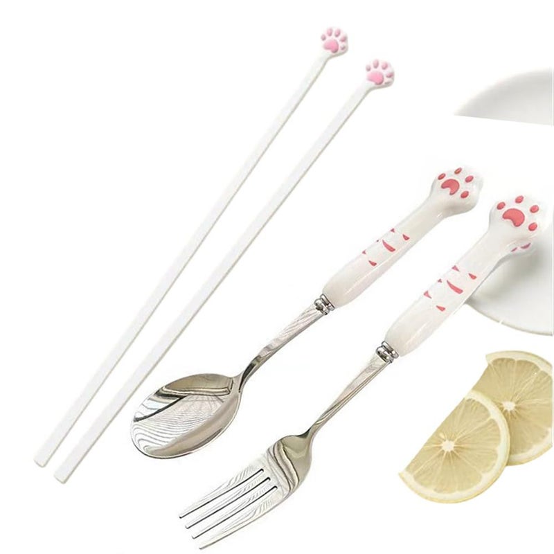 Cute Pink Paw Print Cat Claw Chopsticks Set With Soup Spoon Fork And Storage Box Four Piece Dining Utensils Kit Blue - Image 4