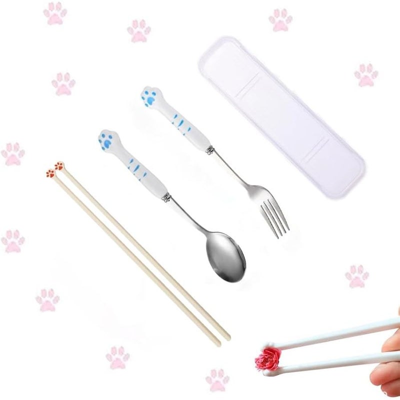 Cute Pink Paw Print Cat Claw Chopsticks Set With Soup Spoon Fork And Storage Box Four Piece Dining Utensils Kit Blue - Image 1