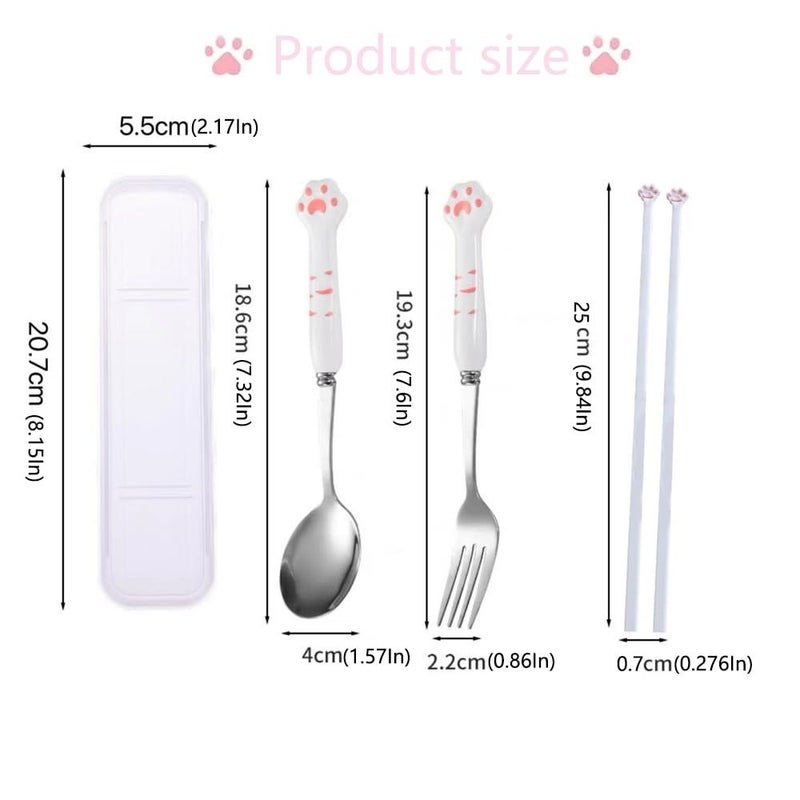Cute Pink Paw Print Cat Claw Chopsticks Set With Soup Spoon Fork And Storage Box Four Piece Dining Utensils Kit Blue - Image 3