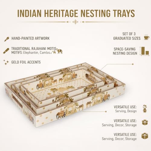 Amimashop Set of 3 Rectangular Wooden Serving Trays|Wooden Tray Set for Serving| Wooden Tray for Decoration, Serving, Kitchen Organizer|Traditional Rajasthani Design Organizer Tray (16", 14", 12") - Image 3