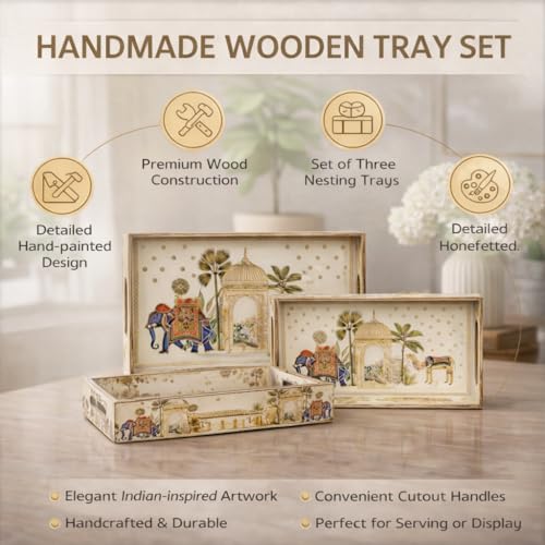 Amimashop Set of 3 Rectangular Wooden Serving Trays|Wooden Tray Set for Serving| Wooden Tray for Decoration, Serving, Kitchen Organizer|Traditional Rajasthani Design Organizer Tray (16", 14", 12") - Image 4