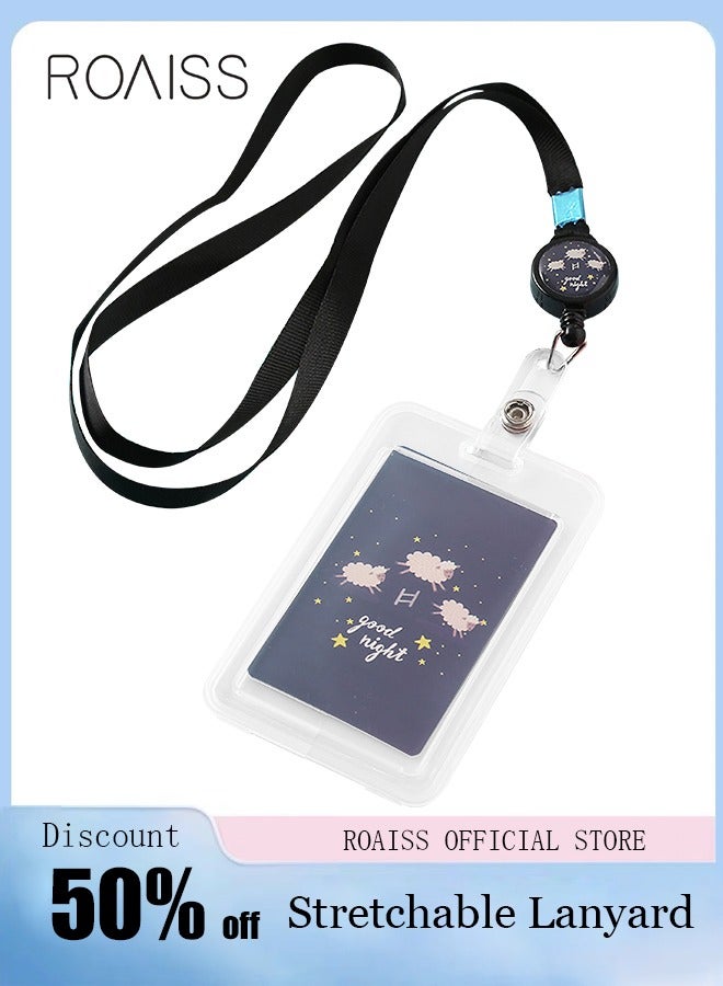 رويس حامل بطاقات للجنسين، حامل حبل قابل للسحب مع خطاف لطيف لبطاقات الهوية الطلابية/وسائل النقل/المترو/العمل/بطاقات الوجبات/بطاقات IC/بطاقات الهوية، أسود - Image 1