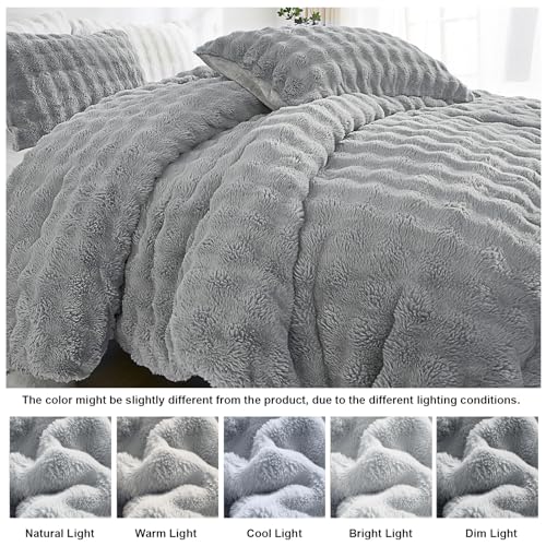 Bedbay Faux Fur Comforter Set King Size Plush Grey Fluffy Comforter Luxury Rabbit Fur Fuzzy Furry Bedding Set 3 Pieces Soft Warm Shaggy Velvet Reversible Quilt Duvet Set for Boys Girls Kids - Image 4