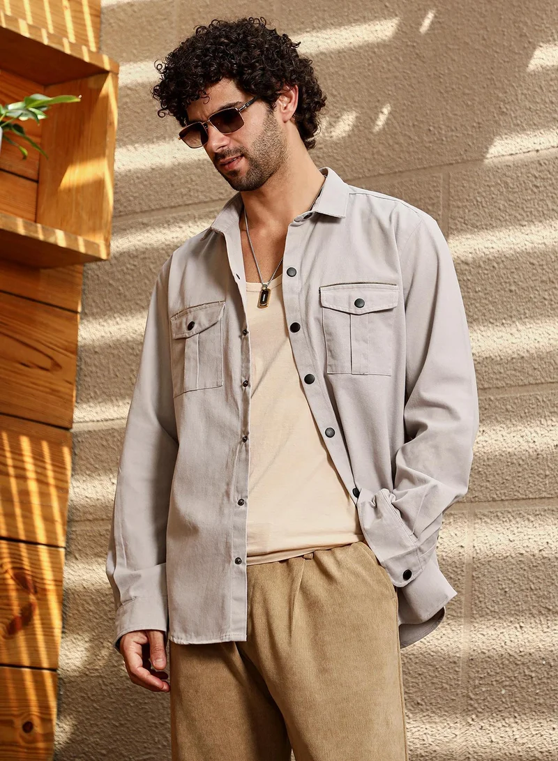 Campus Sutra Men's Ecru Beige Safari-Utility Relaxed Shirt