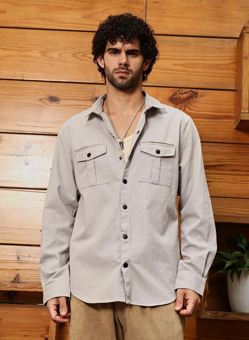 Campus Sutra Men's Ecru Beige Safari-Utility Relaxed Shirt