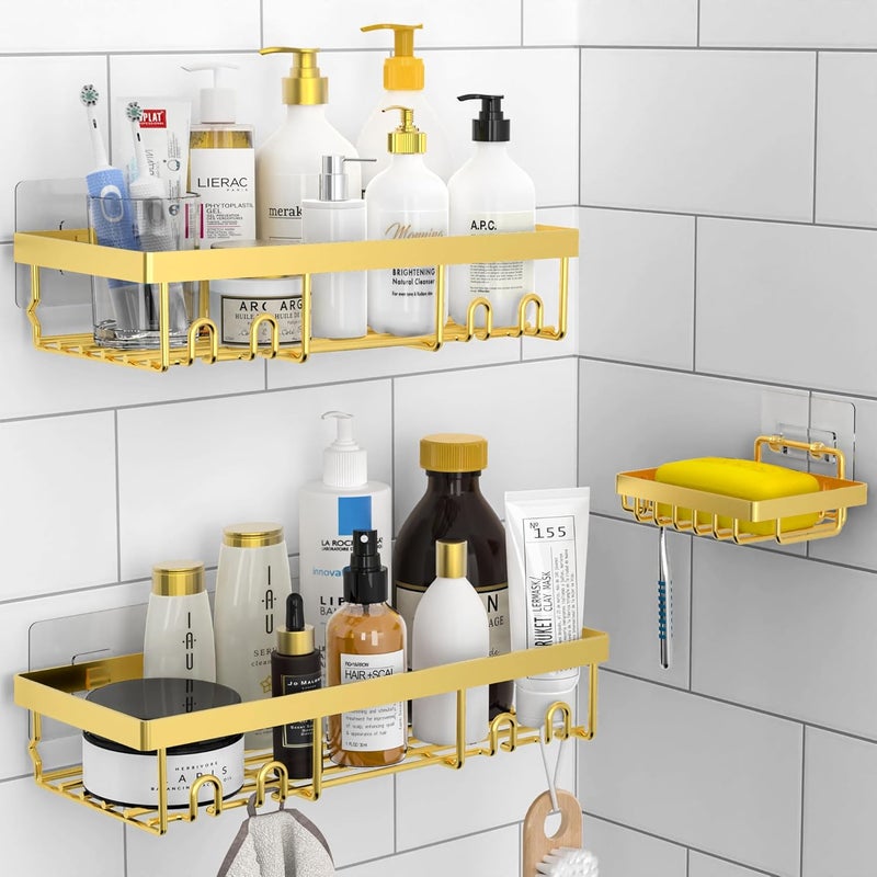 Moforoco 3-Pack Shower Caddy Basket Shelf with Soap Holder, No Drilling Traceless Adhesive Shower Wall Shelves, Rustproof Gold Bathroom Shower Storage Organizer - Image 2