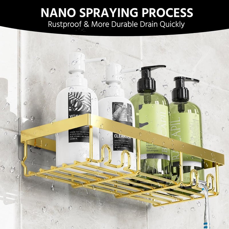 Moforoco 3-Pack Shower Caddy Basket Shelf with Soap Holder, No Drilling Traceless Adhesive Shower Wall Shelves, Rustproof Gold Bathroom Shower Storage Organizer - Image 4