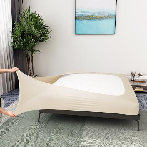 ALYVIA SPRING Box Spring Cover King/Cal King Size - Jersey Knit & Stretchy Wrap Around 4 Sides Bed Skirt for Hotel & Home, Beige - Image 1