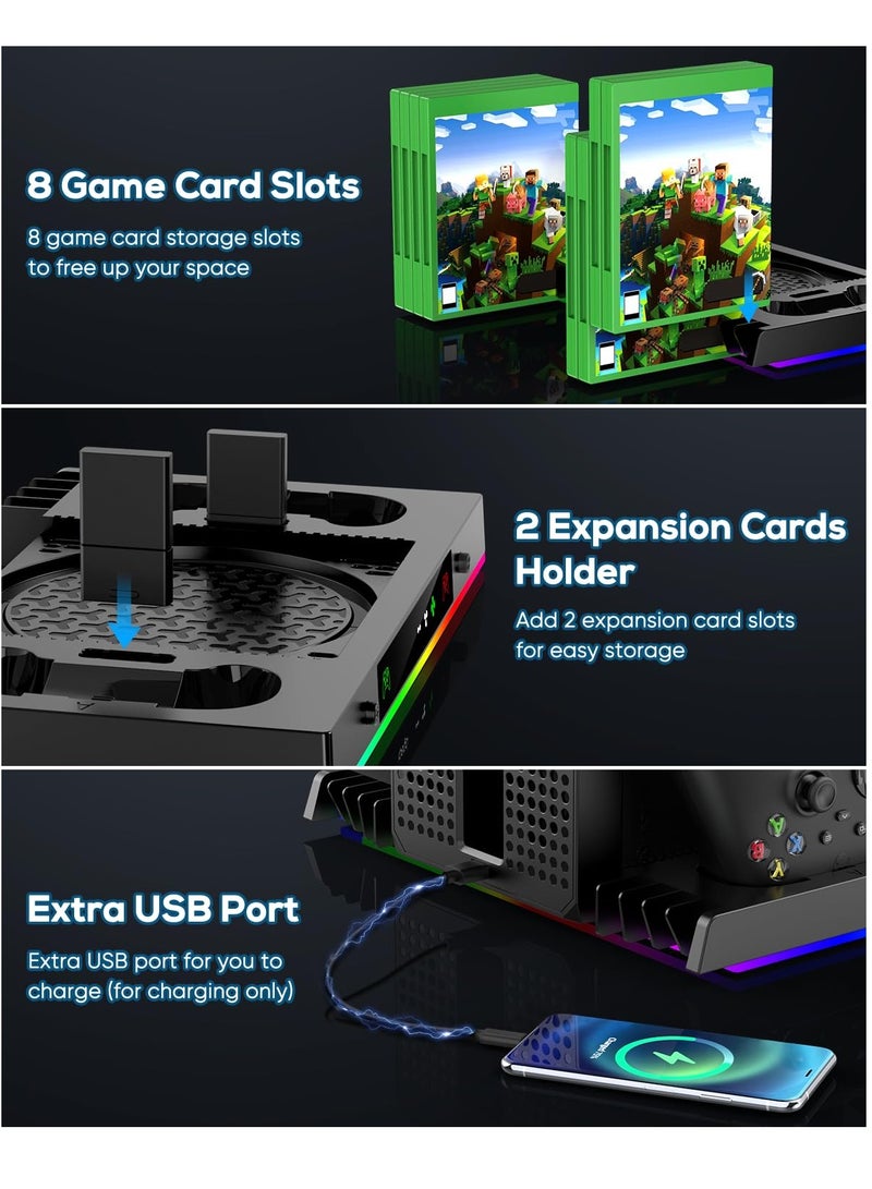 SOLARAE مروحة تبريد لجهاز Xbox Series X ووحدة التحكم، محطة شحن مروحة تبريد RGB المحسّنة، قاعدة تبريد، قاعدة شحن مزدوجة لاسلكية ونظام تبريد مع 15 وضع إضاءة ملون - Image 4