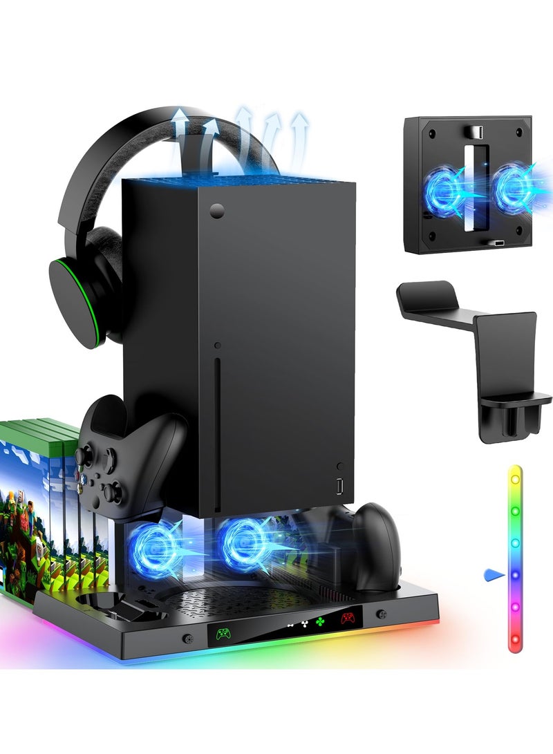 SOLARAE مروحة تبريد لجهاز Xbox Series X ووحدة التحكم، محطة شحن مروحة تبريد RGB المحسّنة، قاعدة تبريد، قاعدة شحن مزدوجة لاسلكية ونظام تبريد مع 15 وضع إضاءة ملون - Image 1