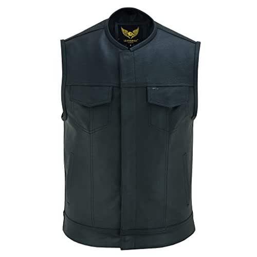 Leatherick Mens Leather Motorcycle Vest | SOA Club Style Biker Vest for Men with 8 Inside Pockets, Dual Closure Riding Gear (XL, Black (Collarless)) - Image 2