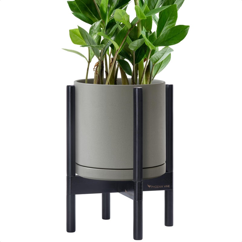 D'vine Dev Ceramic Planter with Ebony Stand - 10 Inch Modern Round Flower Pot with Wood Planter Holder, Grey, 55-B-L-3 - Image 1