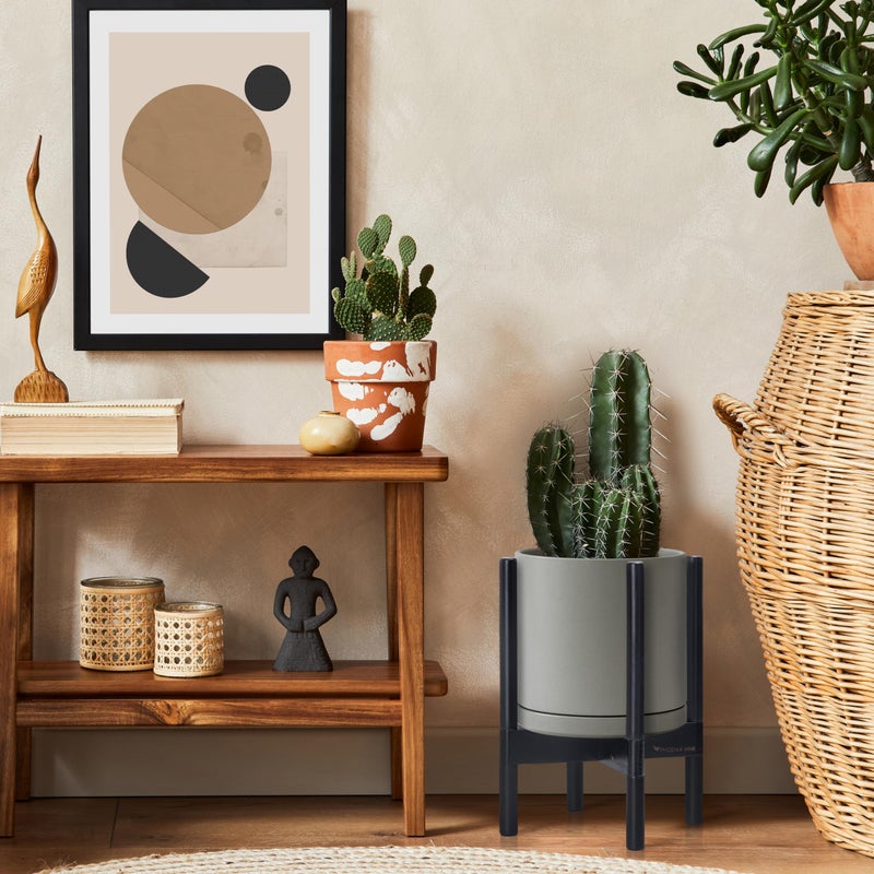 D'vine Dev Ceramic Planter with Ebony Stand - 10 Inch Modern Round Flower Pot with Wood Planter Holder, Grey, 55-B-L-3 - Image 4