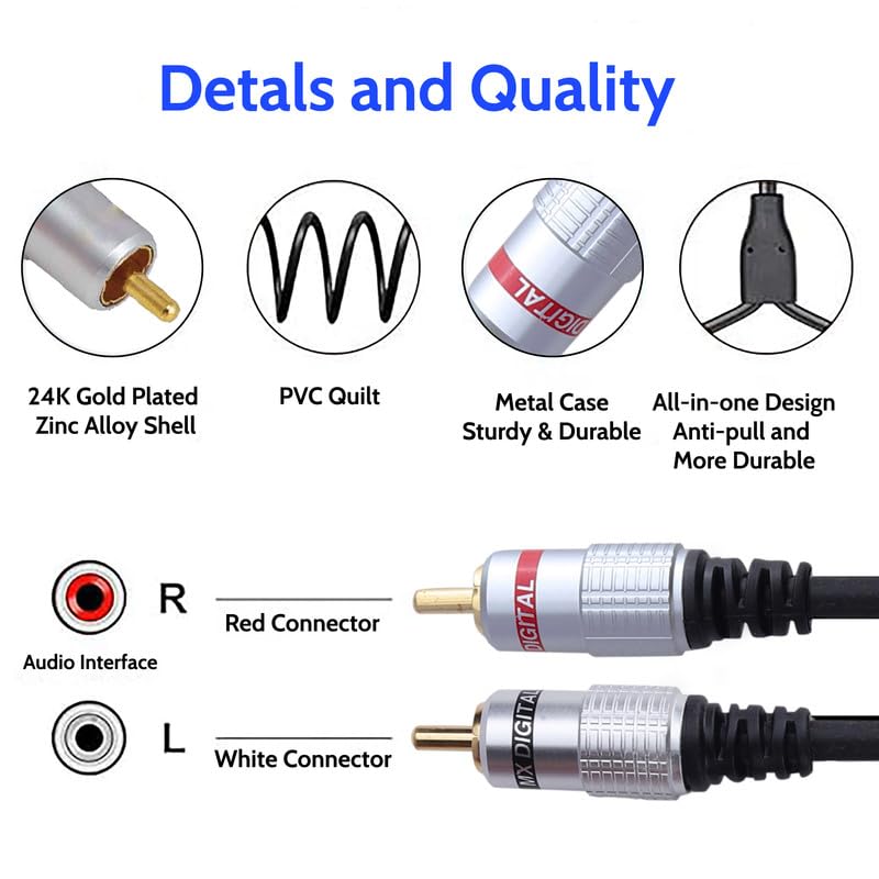 MX 2 RCA to 2 RCA Stereo Audio Cable, 1.5 Meter – Gold-Plated Connectors, Double Shielded – Compatible with Home Theater, Subwoofer, Turntable, Amplifier, Receiver, Speaker – Male to Male - Image 5