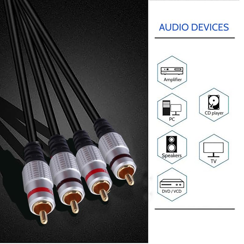 MX 2 RCA to 2 RCA Stereo Audio Cable, 1.5 Meter – Gold-Plated Connectors, Double Shielded – Compatible with Home Theater, Subwoofer, Turntable, Amplifier, Receiver, Speaker – Male to Male - Image 3