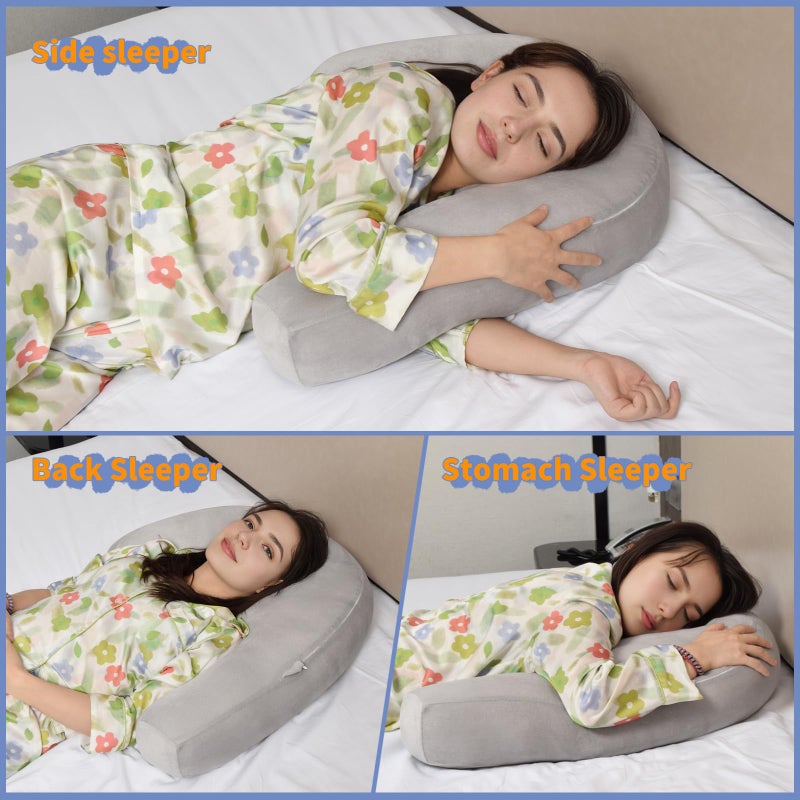Nockovi Ear Piercing Pillow - Side Sleeper Body Pillow with Ear Hole for Pain Relief, J-Shaped Ergonomic Support, 20x26 Inches (Grey) - Image 3
