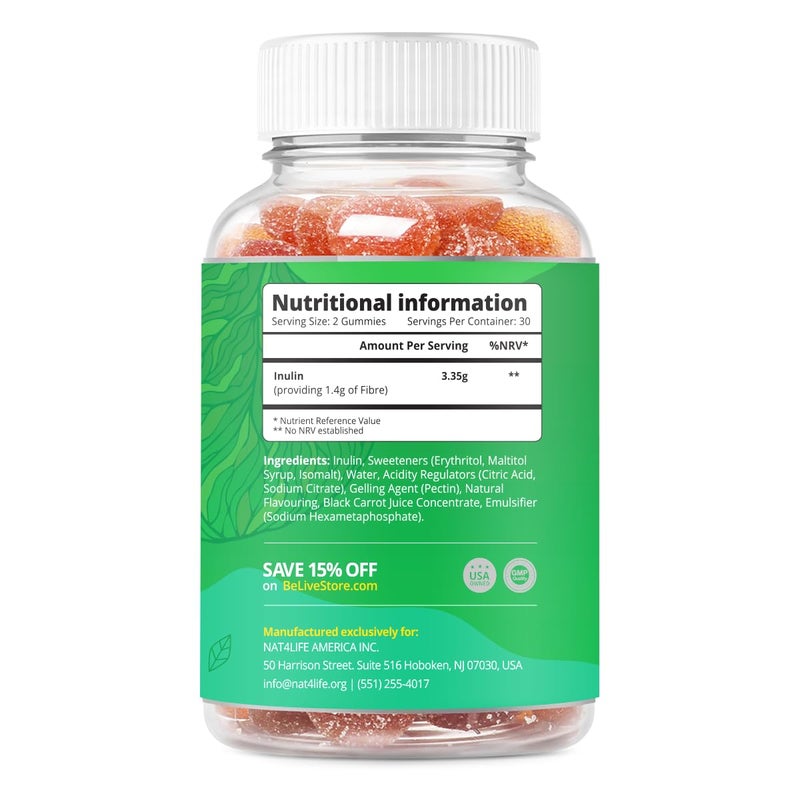 BeLive Fiber Gummies - Prebiotic Fiber Supplement with Chicory Root & Inulin for Digestive Support & Overall Gut Health I Vegan, Sugar Free Gummies for Adults & Children | 60 Ct - Apple Flavor - Image 2