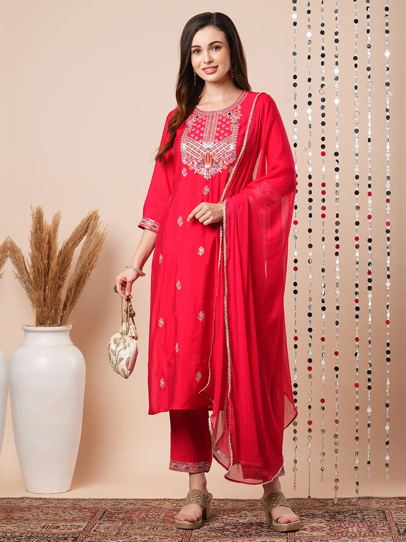 globus Women Floral Yoke Design Regular Sequinned Kurta With Trousers & Dupatta