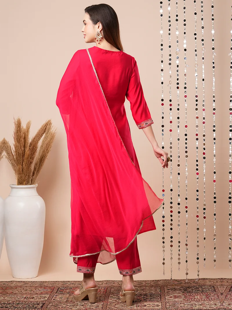globus Women Floral Yoke Design Regular Sequinned Kurta With Trousers & Dupatta