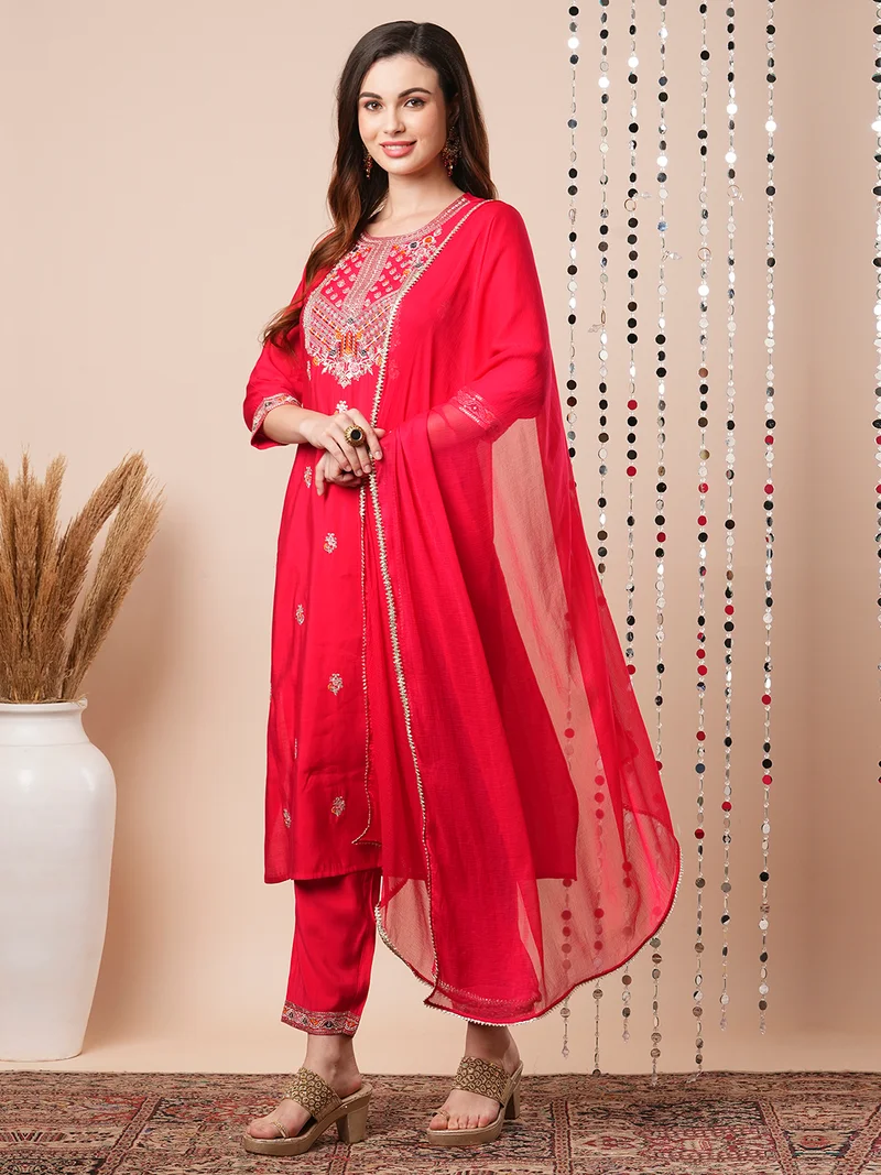 globus Women Floral Yoke Design Regular Sequinned Kurta With Trousers & Dupatta