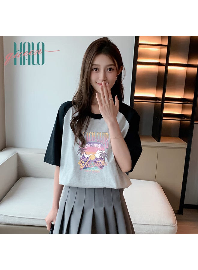 HALOQUEEN Halo Queen Women's Short Sleeve T-shirt Summer Thin Printed Mid-length Raglan Loose Half Sleeve Top H144t1724 - Image 2
