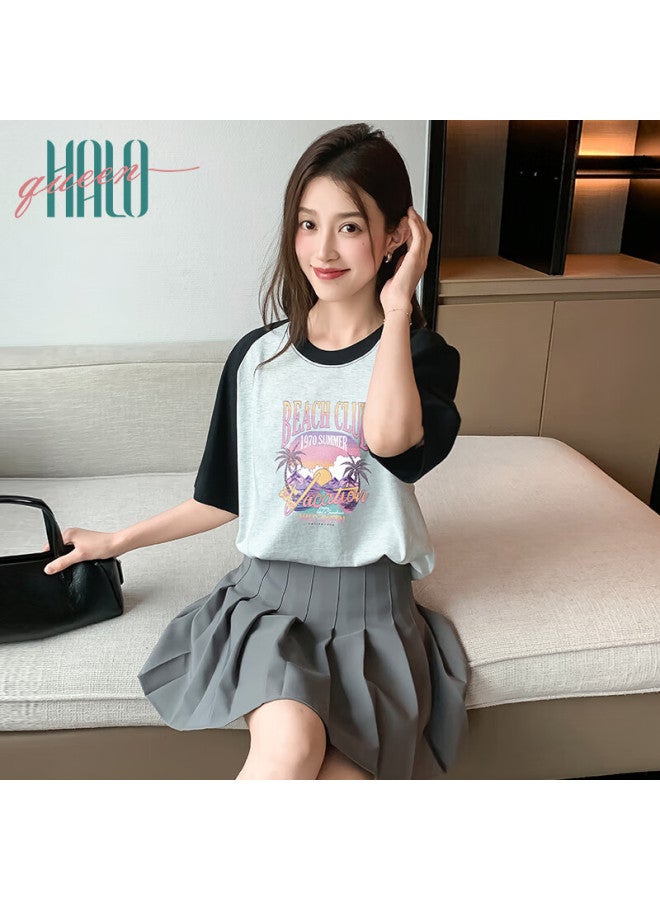 HALOQUEEN Halo Queen Women's Short Sleeve T-shirt Summer Thin Printed Mid-length Raglan Loose Half Sleeve Top H144t1724 - Image 3