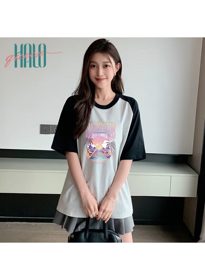 HALOQUEEN Halo Queen Women's Short Sleeve T-shirt Summer Thin Printed Mid-length Raglan Loose Half Sleeve Top H144t1724 - Image 1
