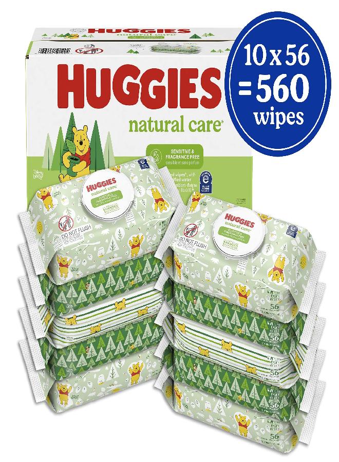Huggies Natural Care Sensitive Baby Wipes, Unscented, Hypoallergenic, 99% Purified Water, 10 Flip-Top Packs (560 Wipes Total) - Image 1