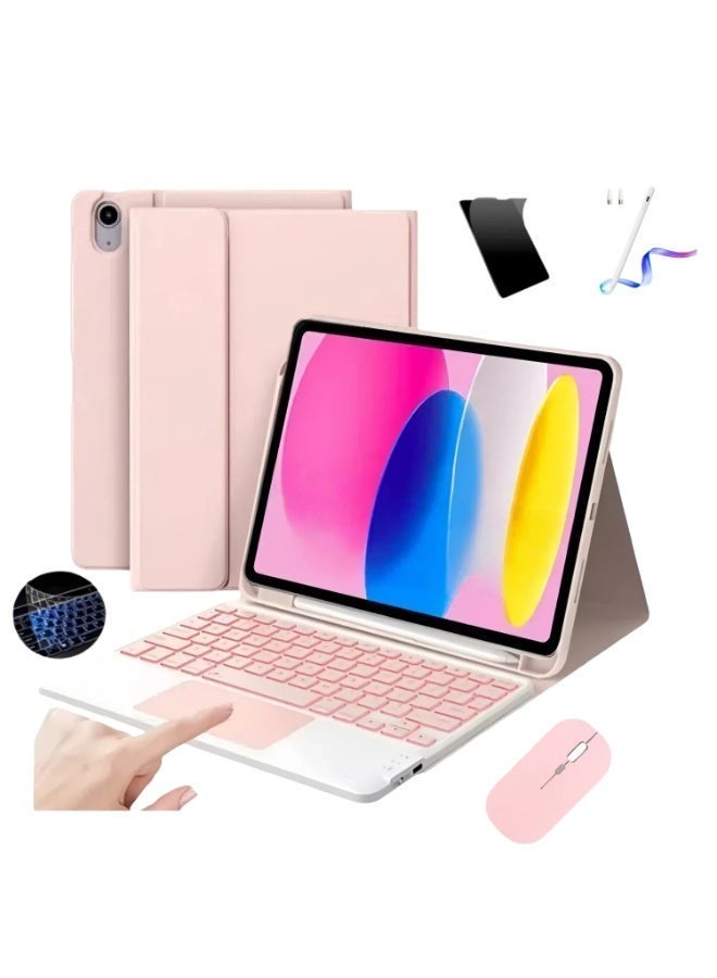 غطاء كيبورد للآيباد من الجيل العاشر/الحادي عشر (موديل A16 2025) - لوحة مفاتيح قابلة للفصل بإضاءة خلفية متعددة الألوان، حامل، مكان للقلم، تشغيل/إيقاف تلقائي، يشمل فأرة بلوتوث، حامي شاشة، قلم رقمي وغطاء لوحة المفاتيح، باللون الوردي - Image 1