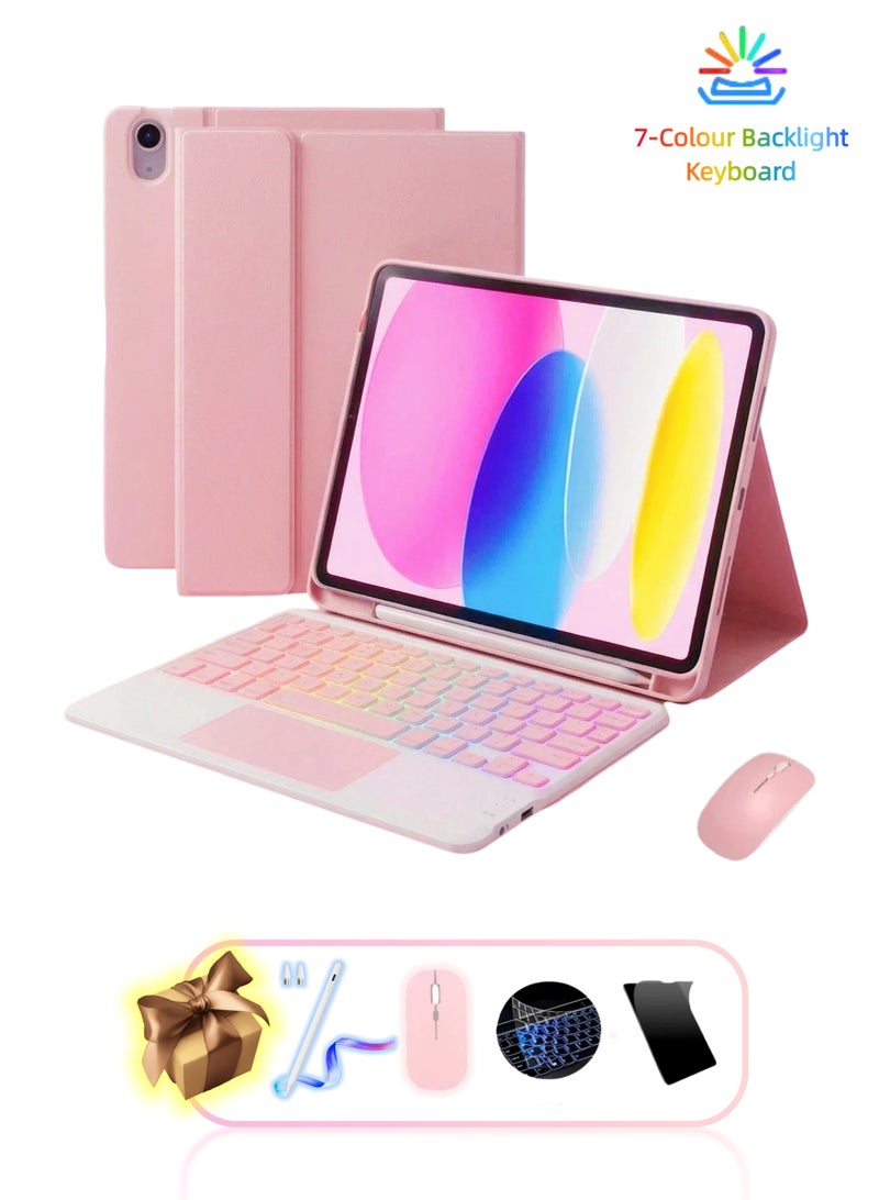 غطاذ لوحة مفاتيح مخصص لآيباد الجيل الحادي عشر (موديل لعام ٢٠٢٥) والجيل العاشر (لعام ٢٠٢٢)، مزود بلوحة مفاتيح قابلة للفصل مع إضاءة خلفية بسبعة ألوان، وغطاء خارجي مقاوم للبقع. يتميز التصميم بأنه خفيف الوزن وسهل التنقل، ومدمج مع حامل ثلاثي القوائم ثابت وحافظة مدمجة لقلم الكتابة. تشمل المجموعة الكاملة: فأرة لاسلكية بتقنية البلوتوث، واقي شاشة، قلم رقمي (ستايلس)، وغطاء سيليكوني إضافي للوحة المفاتيح. متوفر باللون الوردي - Image 1