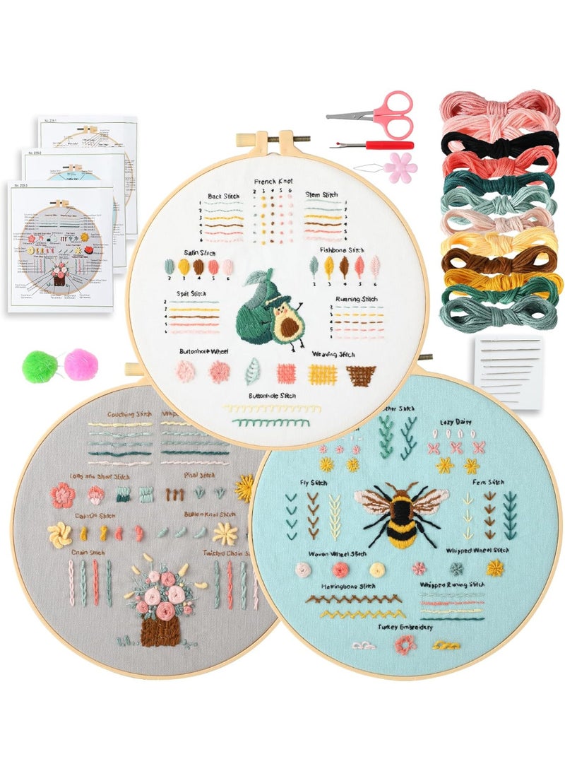 Walpck Beginner Embroidery Kit for Adults, 3 Pack Cross Stitch Kits with Pre-Printed Patterns, Threads, Needles, Learn Stitches with 7.8" Hoop, Video Tutorial, DIY Needlework Craft Gift for Women - Image 1
