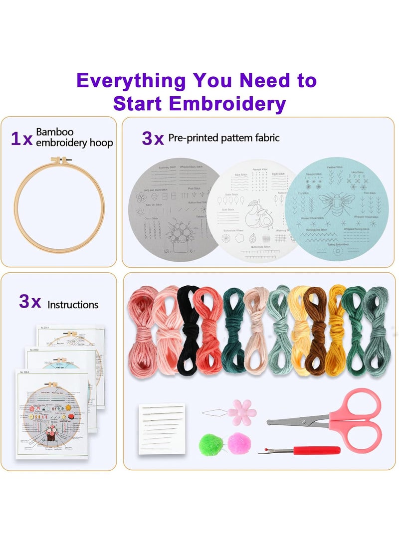 Walpck Beginner Embroidery Kit for Adults, 3 Pack Cross Stitch Kits with Pre-Printed Patterns, Threads, Needles, Learn Stitches with 7.8" Hoop, Video Tutorial, DIY Needlework Craft Gift for Women - Image 3