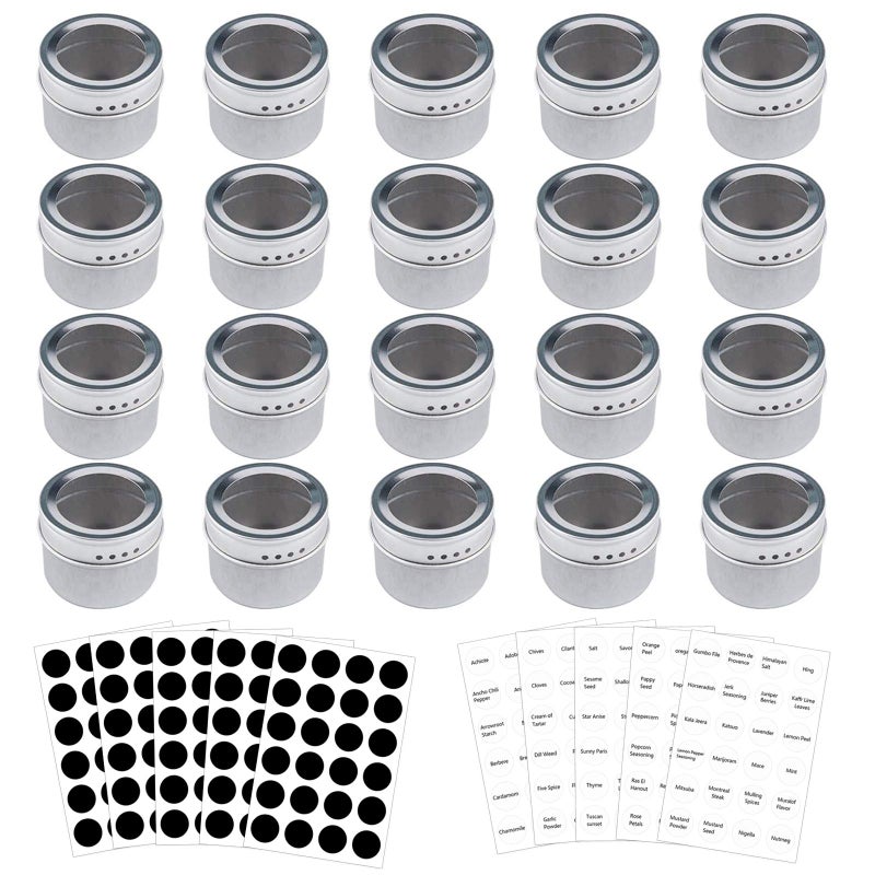 Bekith 20 Pack Magnetic Spice Tins Storage Spice Containers, Clear Top Lid with Sift or Pour, Magnetic on Refrigerator and Grill, 240 PVC Spice Label Set - Image 1