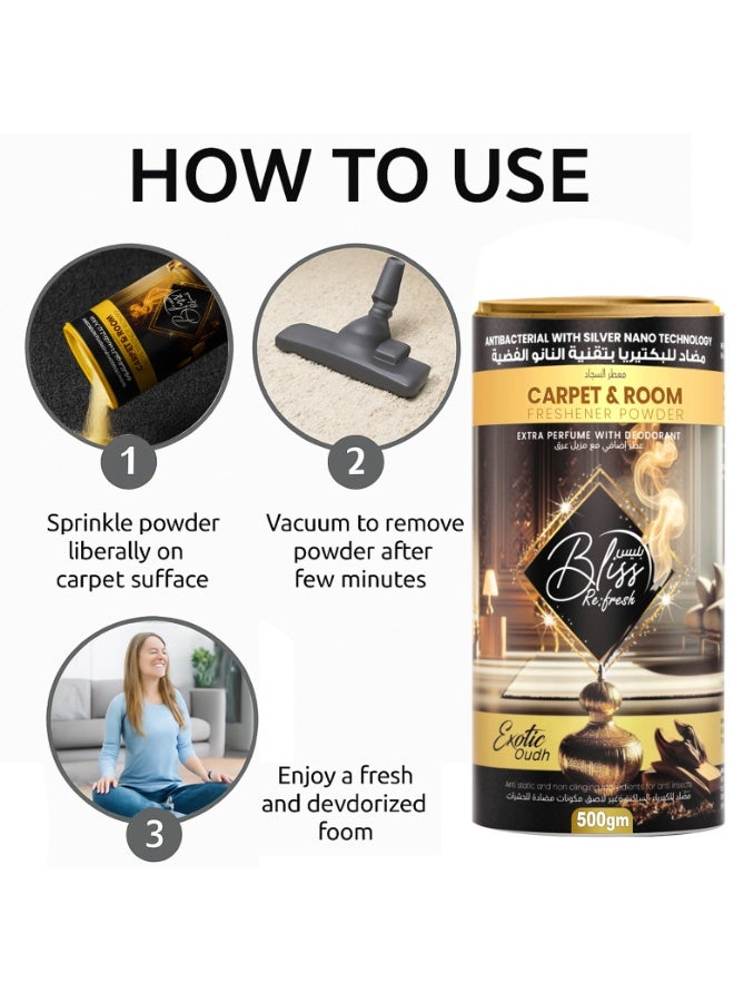 BLISS Fresh Carpet Cleaning Powder & Room Freshener 2x500g | Exotic Oudh Scent | Antibacterial Silver Nano Technology | Carpet Deodorizer & Upholstery Odor Remover Pack of - Image 2