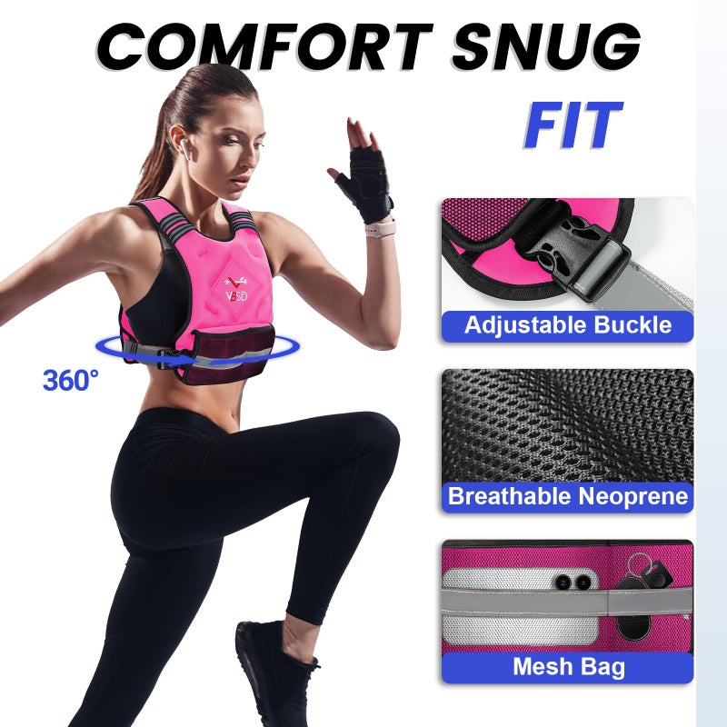 VBSD Adjustable Weighted Vest for Women Men 4-10LB Vest with 6 Ironsand Weights Body Weight Vest with Reflective Strip for Running Walking Strength Training Workouts Pink - Image 2