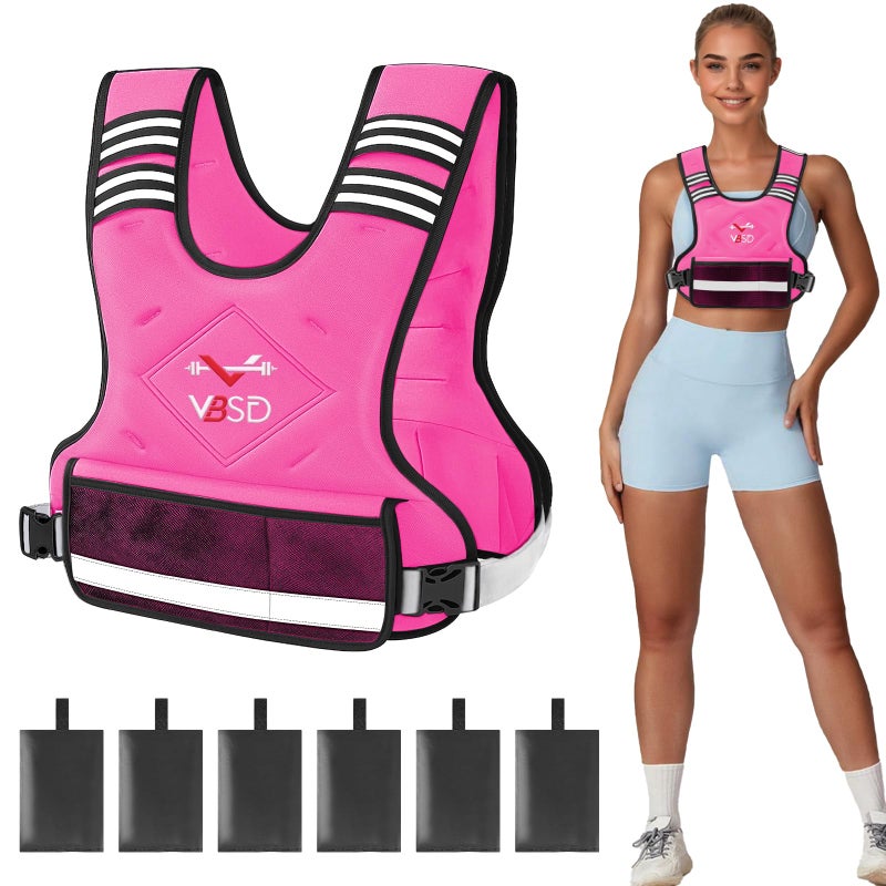 VBSD Adjustable Weighted Vest for Women Men 4-10LB Vest with 6 Ironsand Weights Body Weight Vest with Reflective Strip for Running Walking Strength Training Workouts Pink - Image 1
