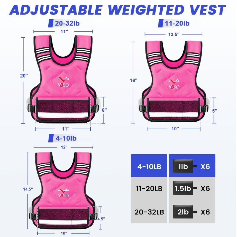 VBSD Adjustable Weighted Vest for Women Men 4-10LB Vest with 6 Ironsand Weights Body Weight Vest with Reflective Strip for Running Walking Strength Training Workouts Pink - Image 4