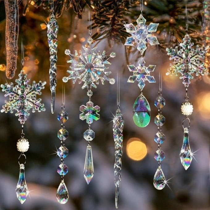 CHRISTMAS TREE DECORATIONS CRYSTAL ORNAMENTS 18PCS IRIDESCENT CHRISTMAS ORNAMENTS ACRYLIC SNOWFLAKES ICICLE DROP CRYSTAL HANGING ORNAMENTS FOR XMAS TREE WINTER HOLIDAY FROZEN PARTY DECORATIONS