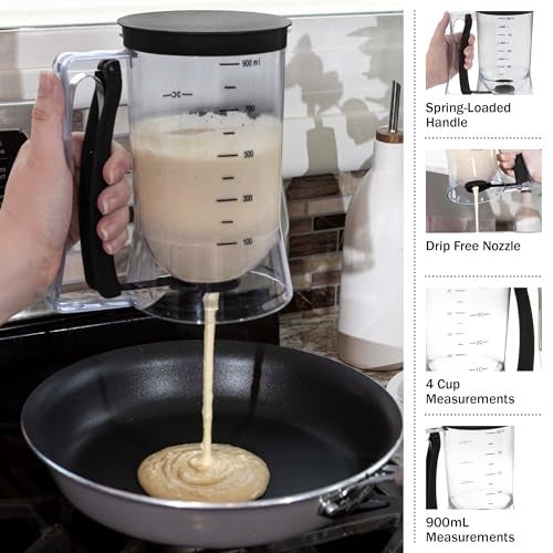 Chef Buddy Pancake Batter Dispenser - 4-Cup Batter Dispenser with Squeeze Handle for Pancakes, Waffles, Muffins, and Crepes - Baking Tools (Black) - Image 2