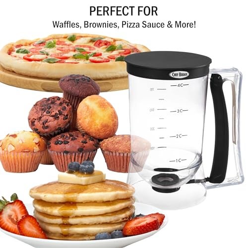 Chef Buddy Pancake Batter Dispenser - 4-Cup Batter Dispenser with Squeeze Handle for Pancakes, Waffles, Muffins, and Crepes - Baking Tools (Black) - Image 4